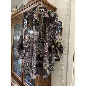 Take Two Women’s 1X Multicolor Paisley Sheer Tunic Length Roll Tab Sleeve Blouse